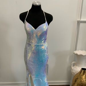 Sequin maxi gown w/ criss cross strappy back